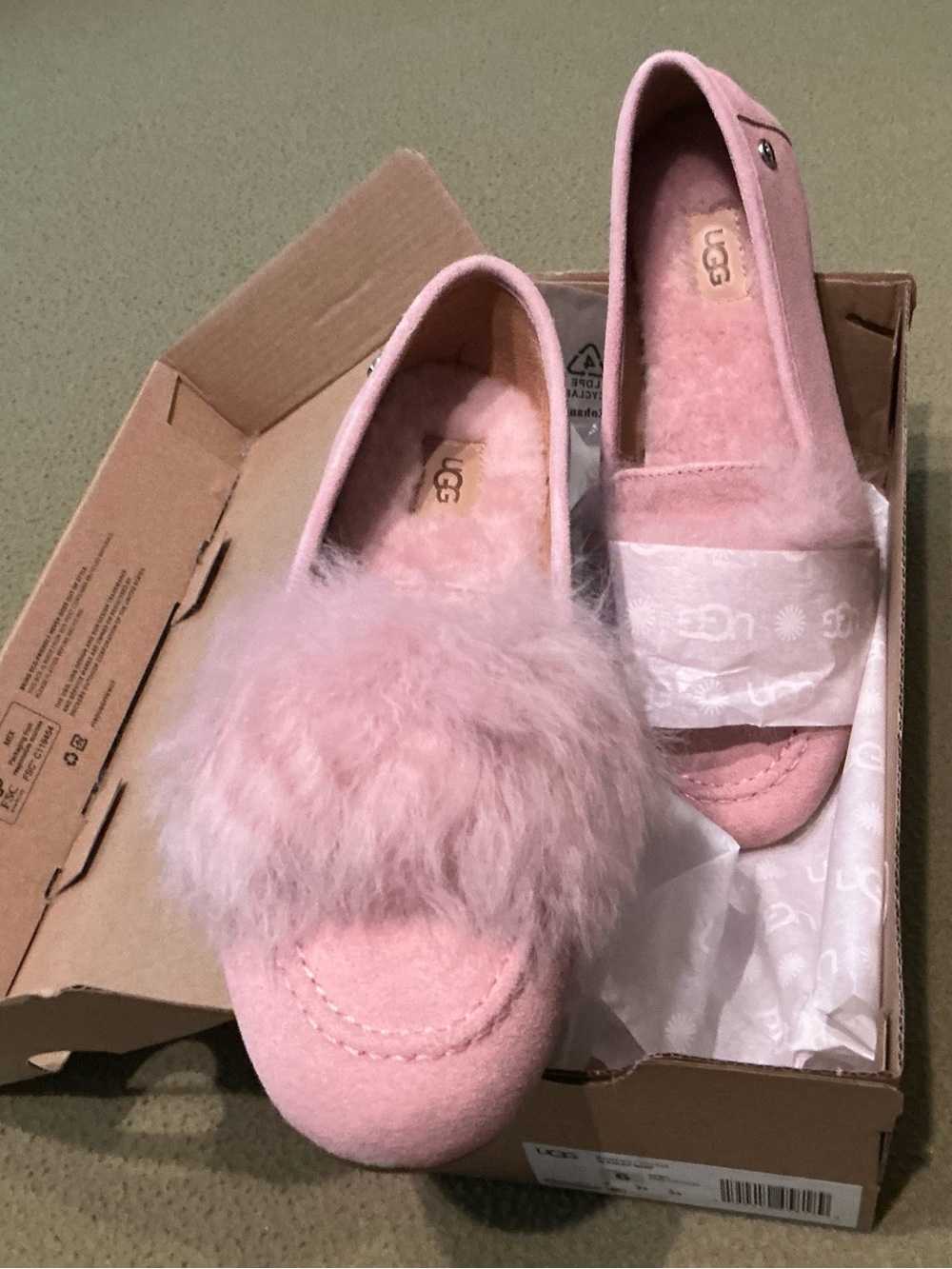 UGG Pink Suede Fluffy Pom Slippers